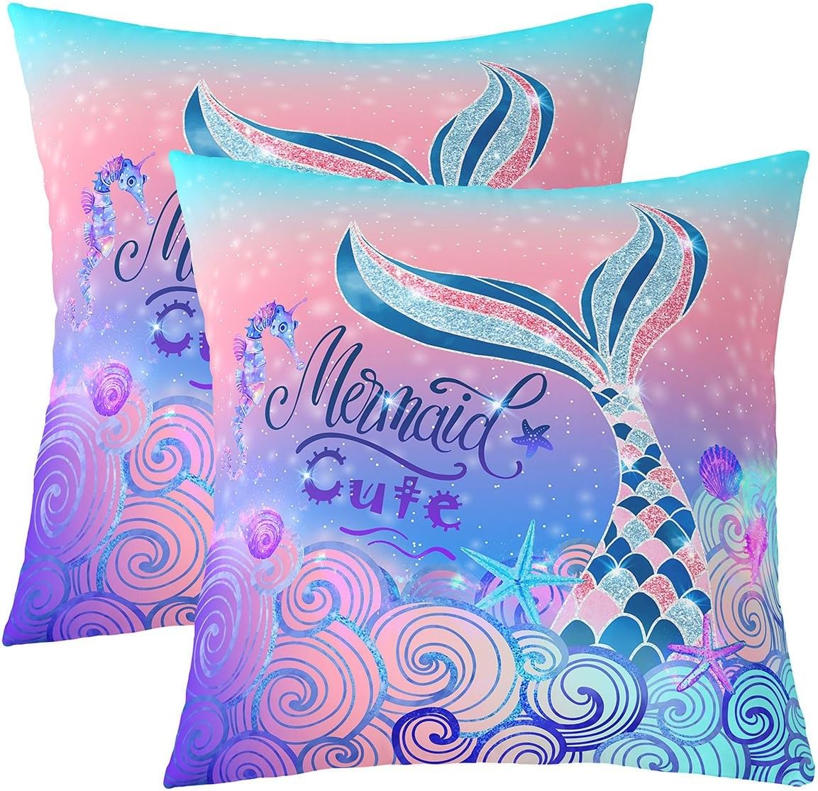 Girly Mermaid Throw Pillow Covers for Kids Child,Pink Blue Mermaid Tail Pillow Covers 24x24 set of 2,Tie Dye Pastel Coastal Animal Cushion Covers,Kawaii Princess Fish Scales Square Pillow Cases