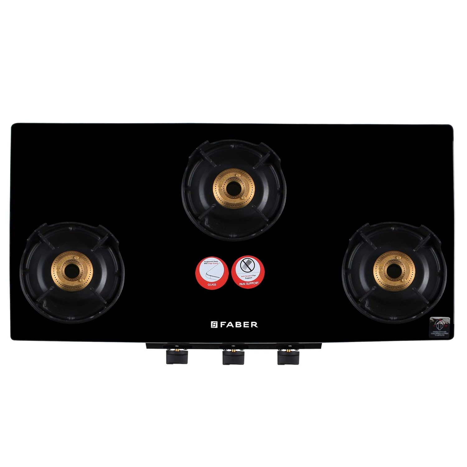 Faber Spacex 3 Burner Glass Gas Stove Black | Toughened 8mm Glass Top, Brass Burners