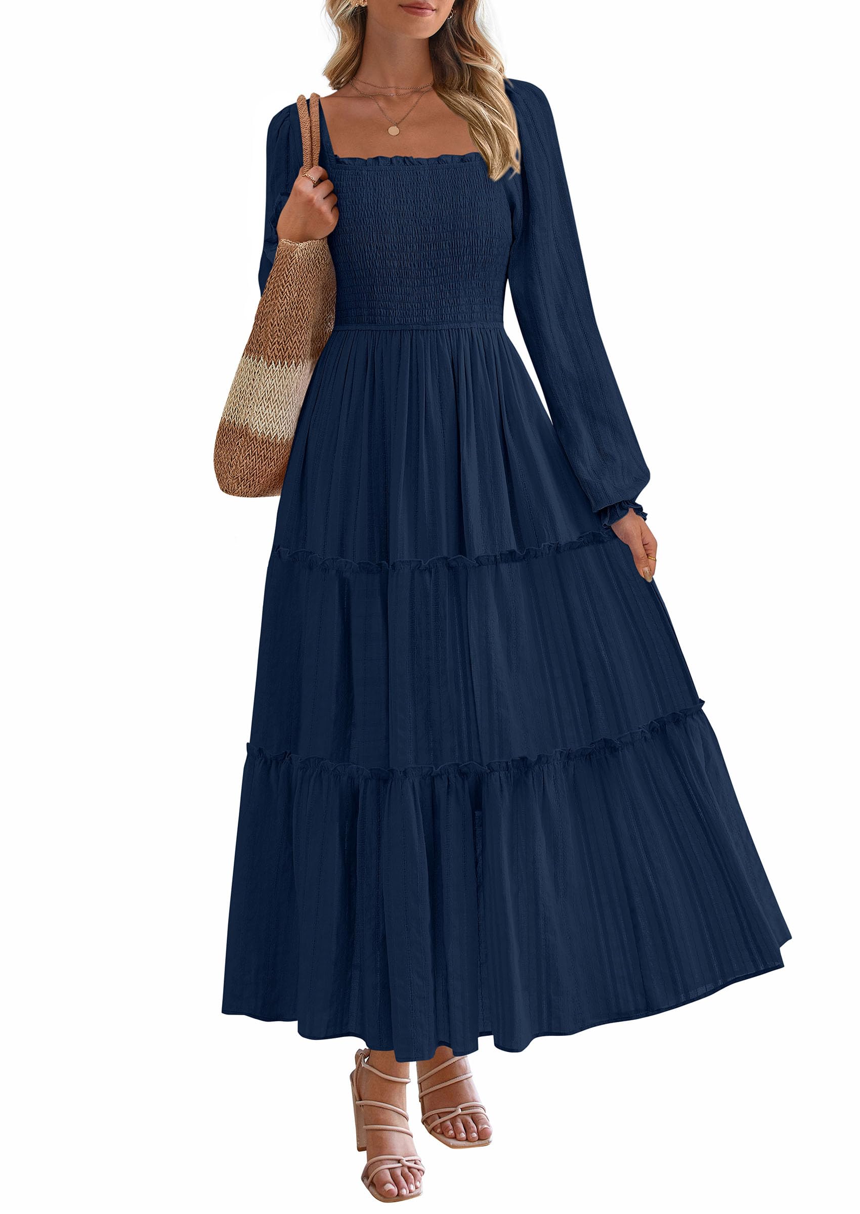 PRETTYGARDEN Spring Dresses for Women 2026 Casual Long Sleeve Smocked Ruffle Flowy Elegant Wedding Guest Maxi Dress Pockets