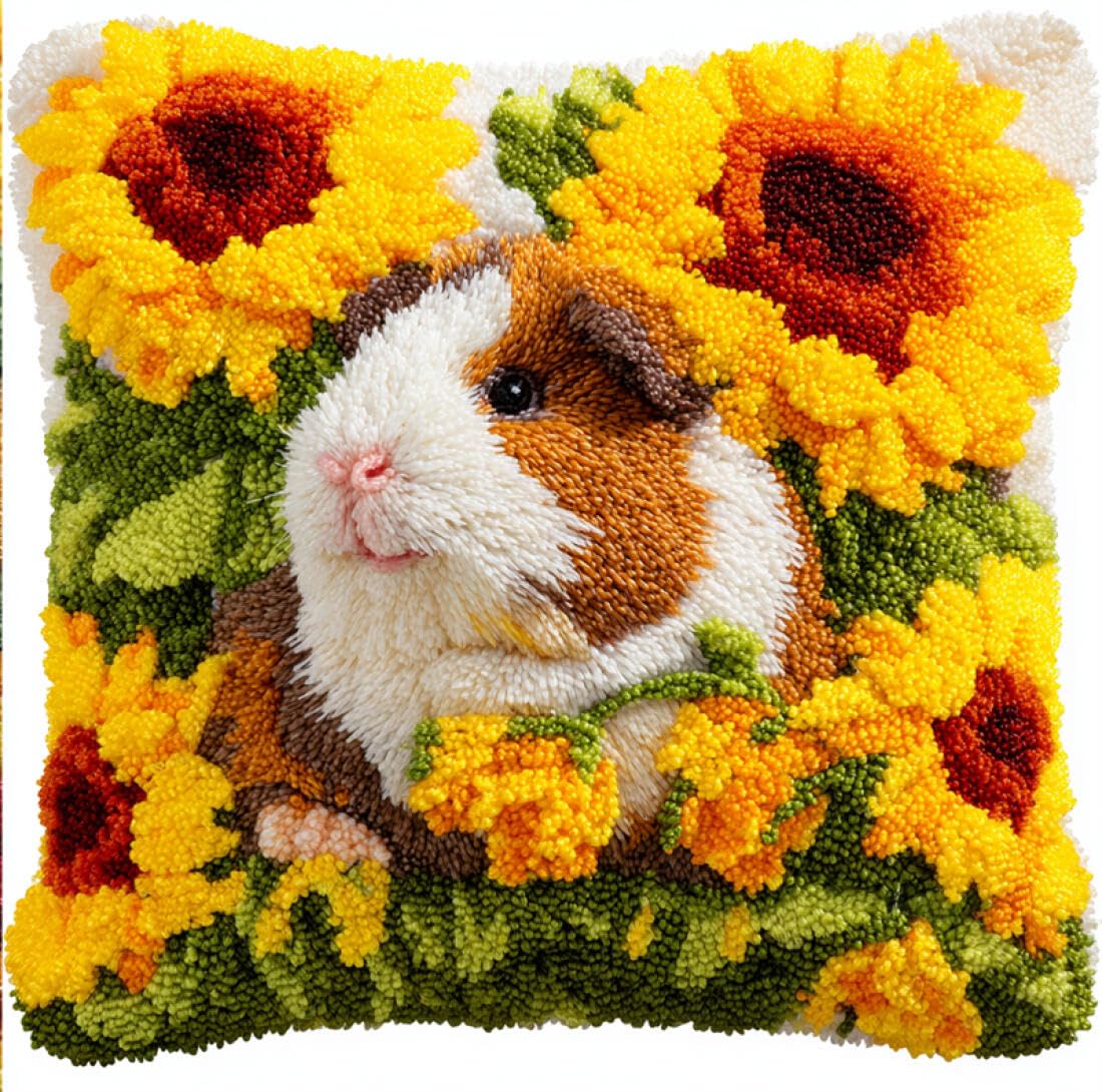Animal DIY Latch Hook Kit Guinea Pigs and Flowers Latch Hook Kit Pillow DIY Rug Crochet Hook Cushion Making Kits with Preprinted Pattern Canvas 17x17In