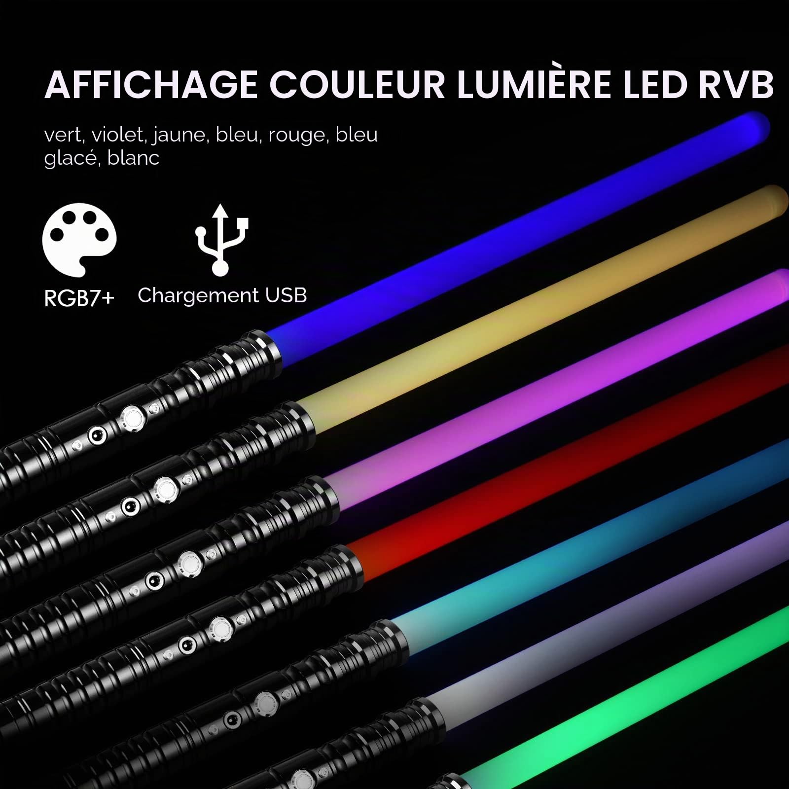 Sabre laser avec effet sonore RGB 7 couleurs Épée lumineuse FX interchangeable 63 cm de long Rechargeable Épée lumineuse portable Épée jouet avec poignée en métal pour enfants, adultes, déguisement