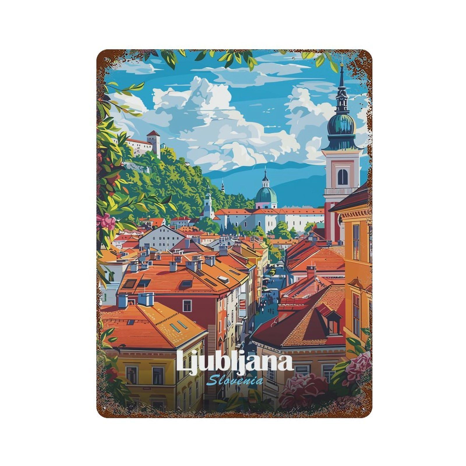 Ljubljana, Slovenia Cityscape Illustration Weathered Tin Sign 15.7"x11.8", Classic Wall Plaque for Patio, Garden Room And Bar Decor