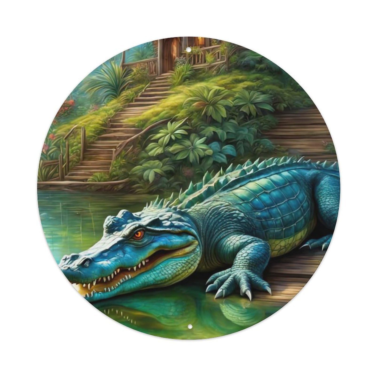 Animal Artwork Crocodile by The Creek Vintage Metal Tin Sign Plaque Wall Decor for Cafe, Club, Garden Round Metal Poster 8x8Inch