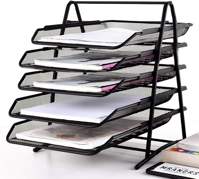 MorNon Mesh Letter Tray 5 Tier Letter File Trays Office File Shelf Mesh Desk Organiser Paper File Storage Filing Trays Holder for Home Office Use (Black)