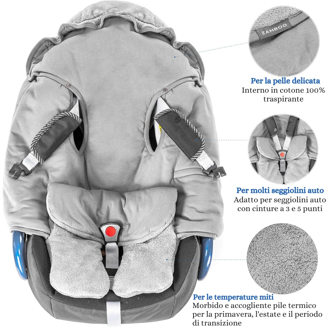 Zamboo Copertina Neonato Copripiedi, Primavera/Estate - Coperta Ovetto Neonato Gruppo 0 (Maxi-Cosi, Cybex, Römer) e Passeggini - Con Borsa - Grigio