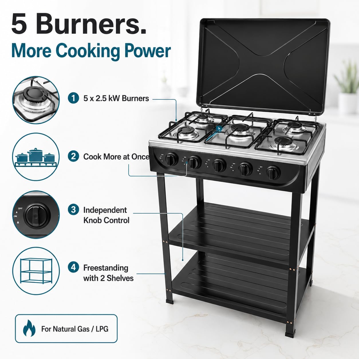 Barbecue a gas a 5 fuochi con coperchio, fornello a gas mobile per esterni, barbecue da campeggio con 2 ripiani e protezione antivento, potente barbecue a gas da tavolo da 12,5 kW, per balcone