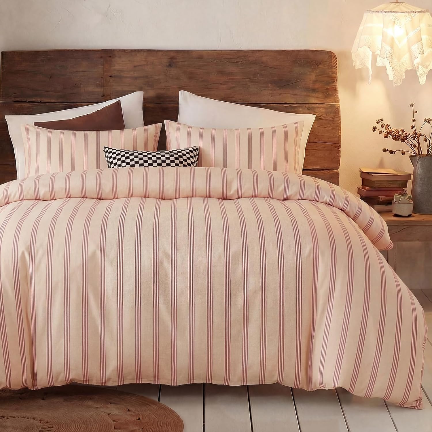 Bedbay 100% Cotton Striped Duvet Cover Set Queen Size, Warm Apricot Bedding Set, 100% Cotton Sateen, Silky Soft Cozy 3 Piece Duvet Cover for All Seasons