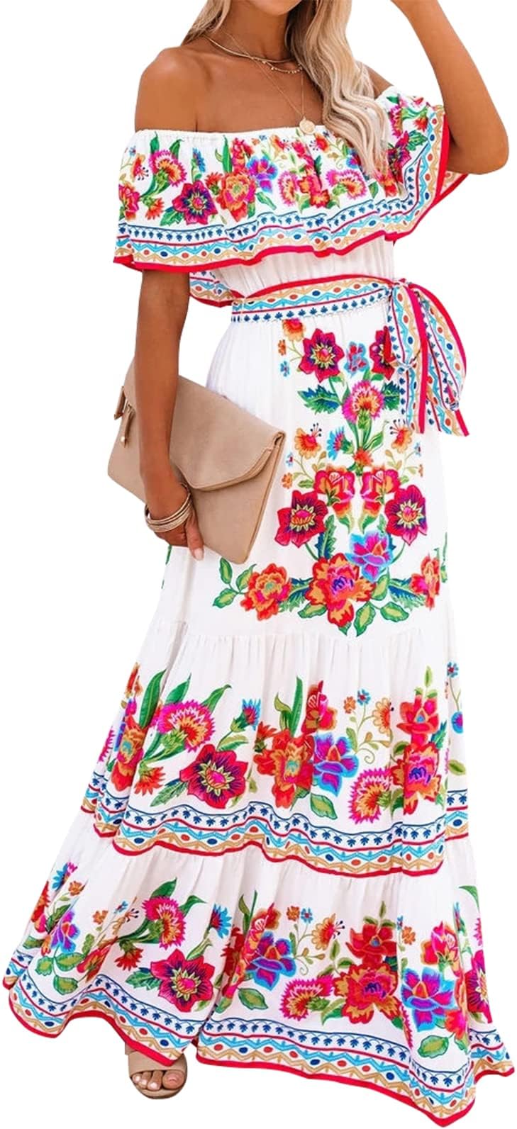 XplanetMexican Dress for Women Off Shoulder Floral Print Maxi Dress Summer Party Casual Sundress Dresses