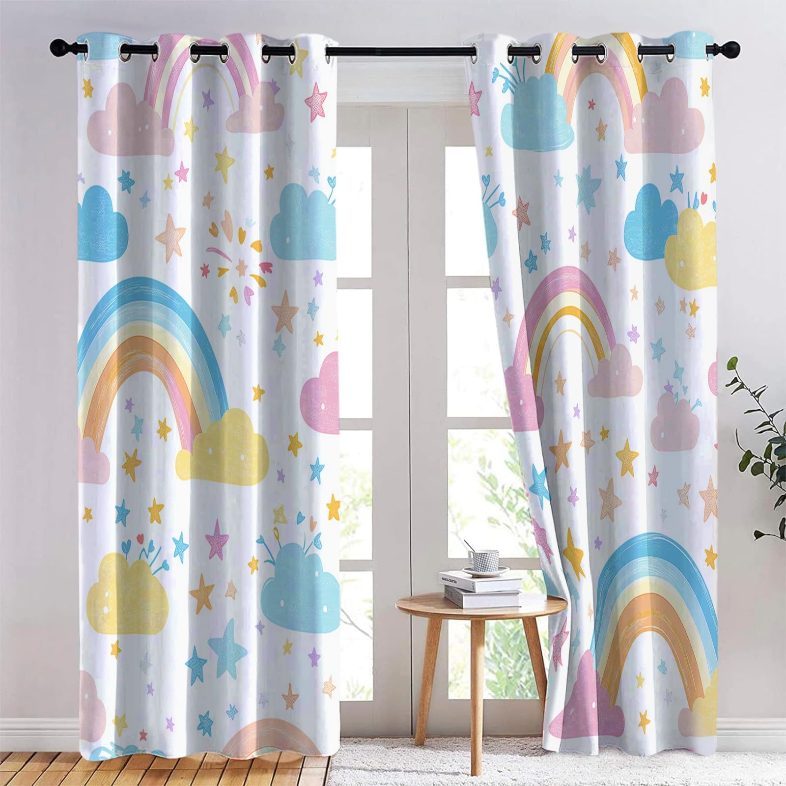 Arc en Ciel Nuages Étoiles Rideau Occultant, Blanc Rideau Thermique Isolant Tenture Opaque à Oeillets Draperies IntéRieurs pour Chambre Salon Décoration 2 Panneaux 92L x 214H cm