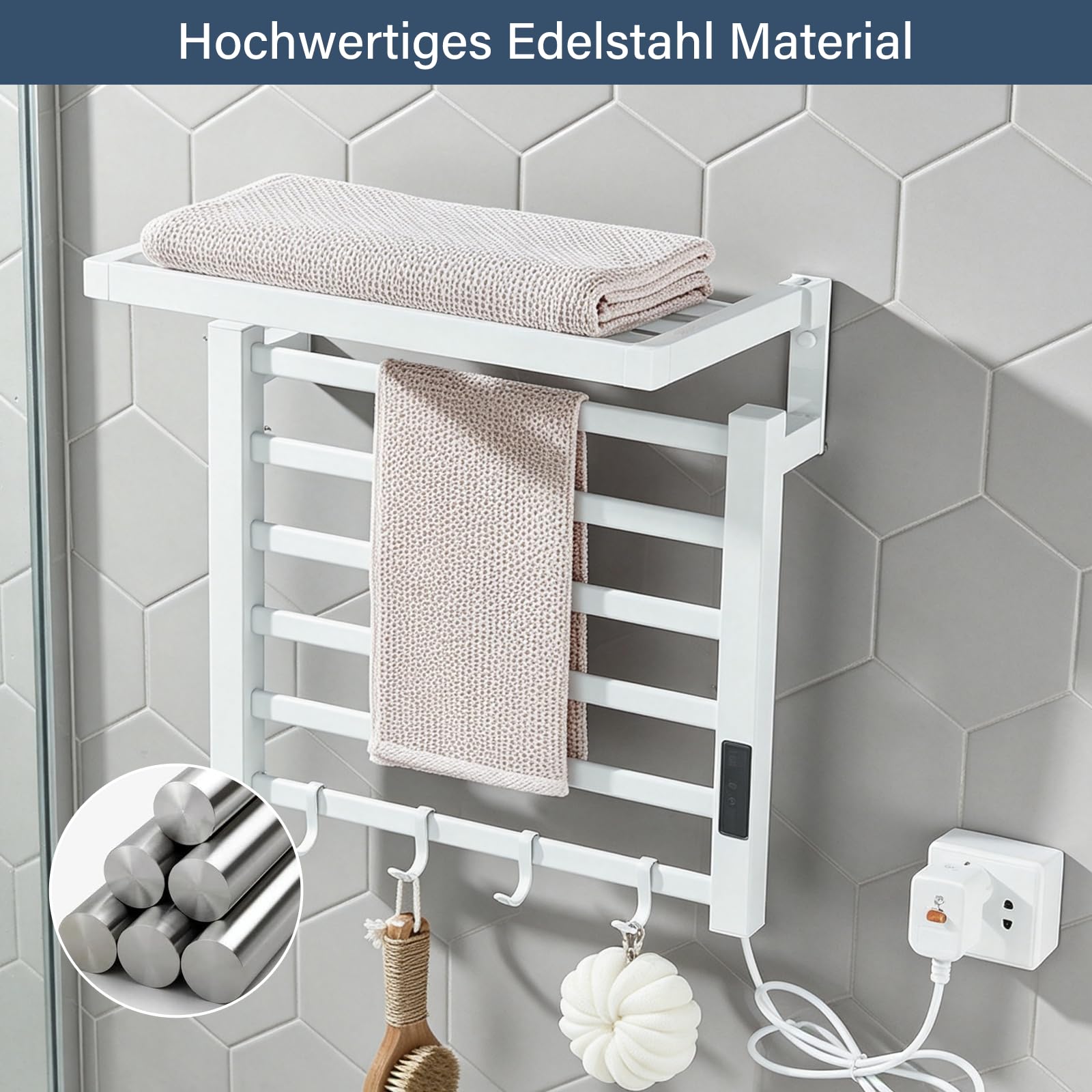 Handtuchtrockner Elektrisch Badheizkörper 585 x 450mm Handtuchheizkörper Bad Heizkörper mit LCD-Displays Weiß Badheizkörper mit Intelligenter Temperaturregler Handtuchwärmer Handtuchheizung