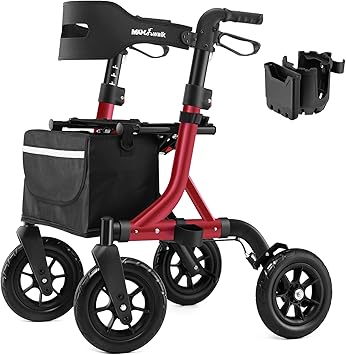 Rollator Walker for Seniors, Foldable All Terrain Rolling Walker with seat, Aluminum Walkers with 10 inch Rubber Wheels, Adjustable Handles and Backrest for Seniors Red