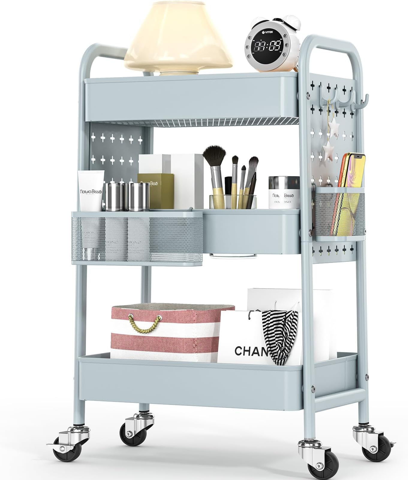 TOOLF Metal Rolling Storage Cart, 3-Tier Utility Mobile Cart with DIY Pegboards, Serving Trolley Cart with Baskets Hooks, for Kitchen, Bathroom, Office, Home, Classroom (Mint Green)