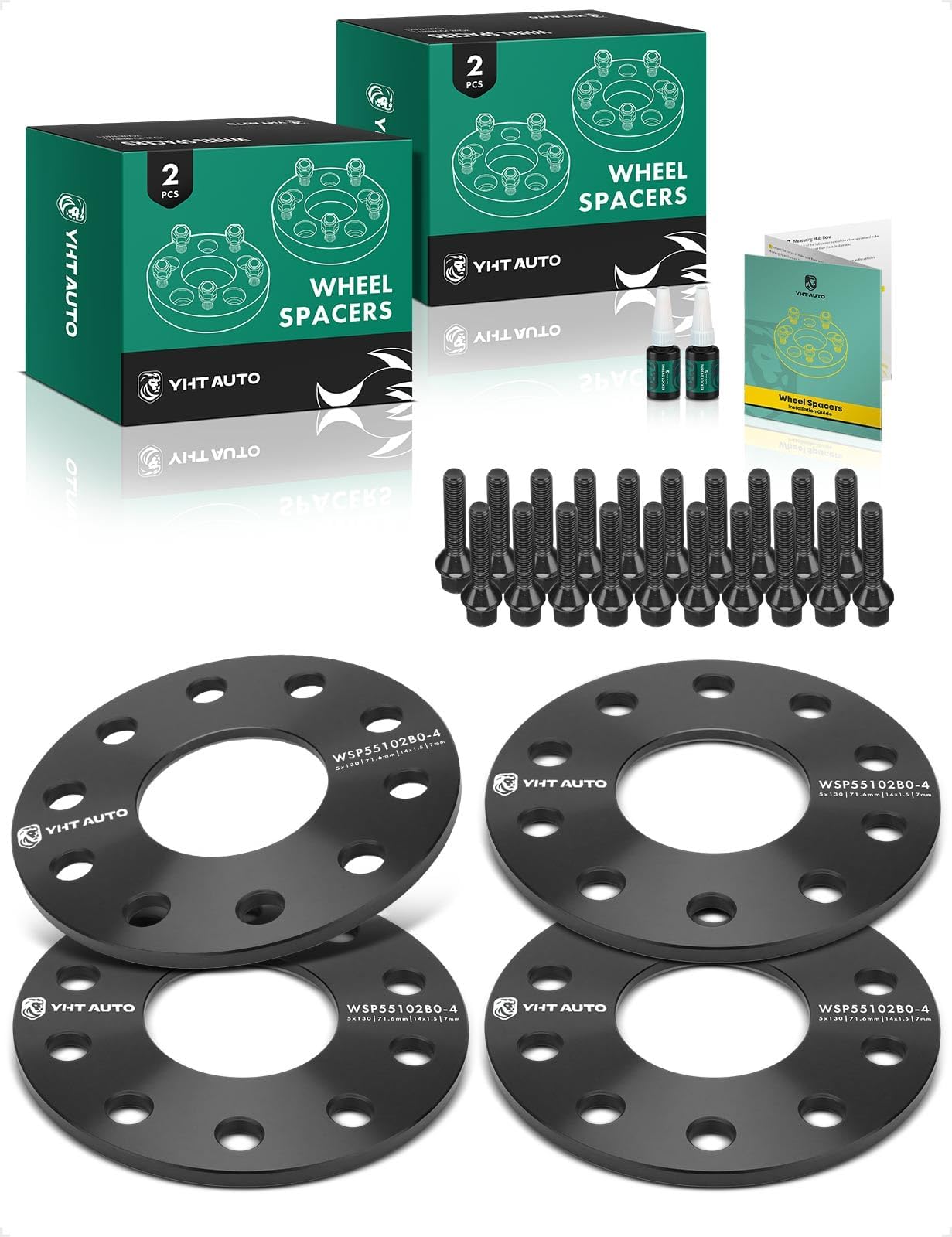 YHTAUTO 5x130mm Wheel Spacers 7mm Fits Audi, Porsche & Volkswagen Models, Q7 2007-2015, Cayenne, 911, Panamera, Touareg 5 Lug Tire Spacers w/ M14x1.5 & 12.9 Grade Studs, 71.6mm Center Bore 4PCS Black