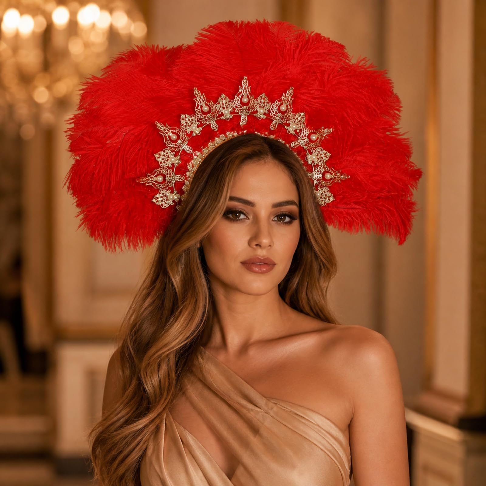 Adorno Plumas Ligero | Dorado corativo, Corona, Gran, Accesorio, para Carnaval, escenario, Actores, Rojo