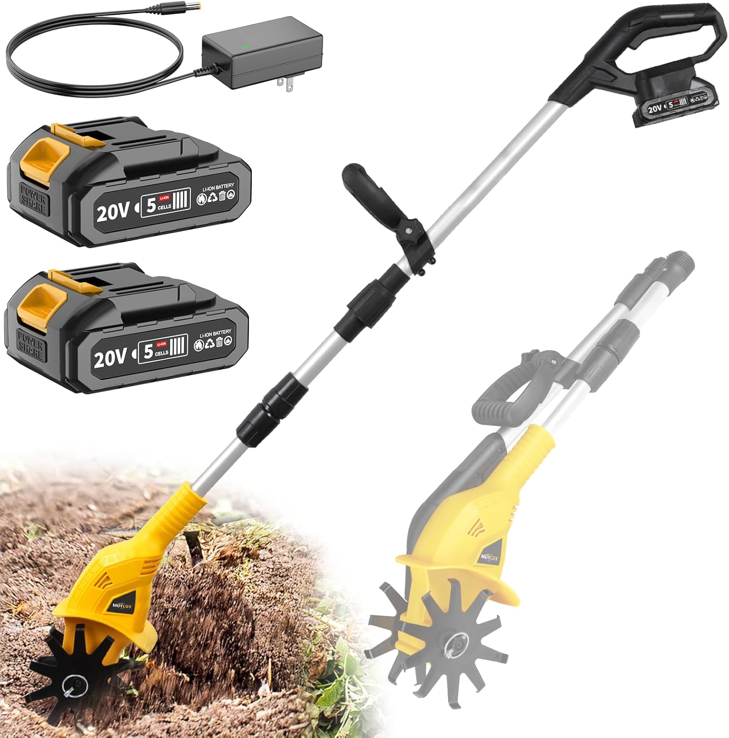 20V Cordless Tiller Cultivator for Gardening, 360RPM Electric Garden Tiller with 2 x 2.0Ah Batteries & Charger, Garden Rototiller for Lawn Gardening Soil Cultivation