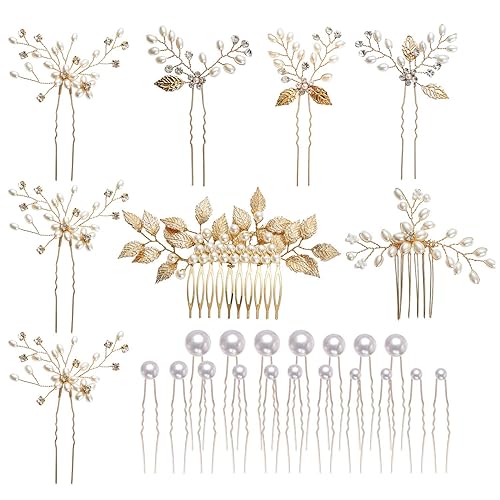 inSowni Paquete de 26 peines laterales dorados para bodas y novias+horquillas en forma de U, pasadores para el cabello, pasadores de hojas, flores,