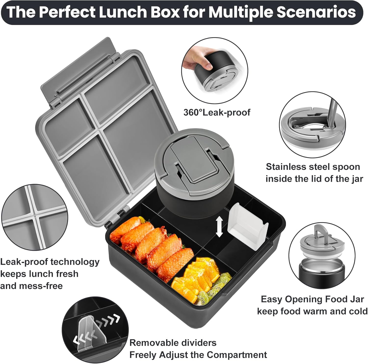 Bento Lunch Box for Kids with 8oz Soup Thermo,Kids Leakproof Lunch Food Containers with 4 Compartment,Kid Insulated Thermo Hot Food Jar for School,Trvael-Black