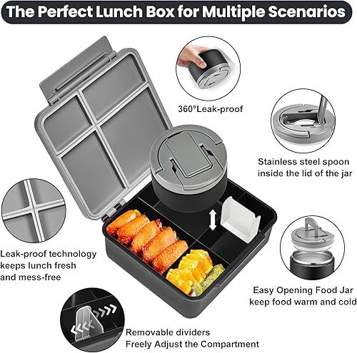 Miniatura 4 de Lonchera Bento para Niños con Termo para Sopa de 8oz, Contenedores de Comida para Almuerzo Impermeables para Niños con 4 Compartimentos, Tarro Negro