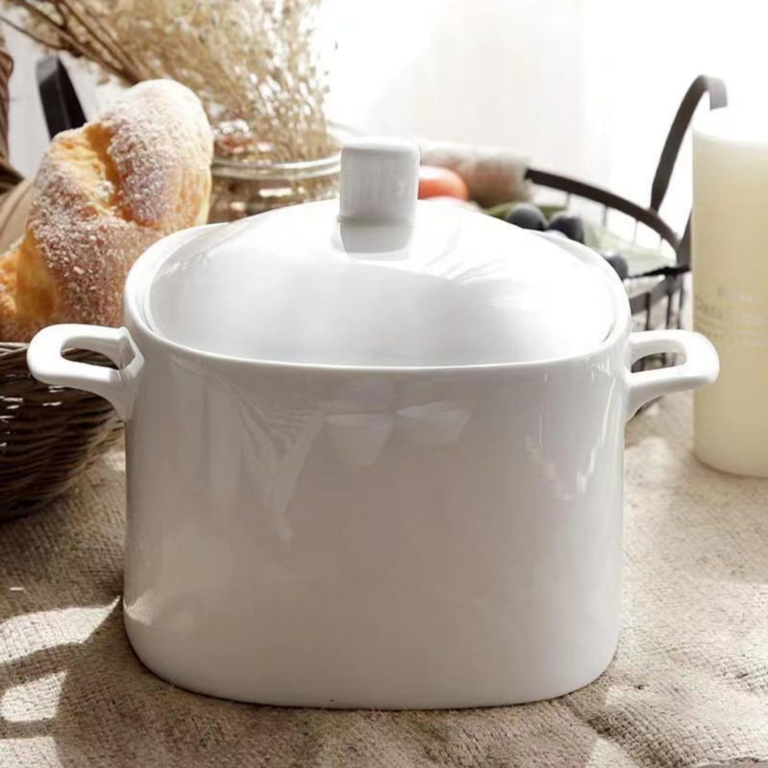 Tureen - Soupe en porcelaine d'os avec couvercle et louche, grand bol en céramique de 3 000 ml avec couvercle pour fête, salle à manger, décoration de la maison, passe au micro-ondes