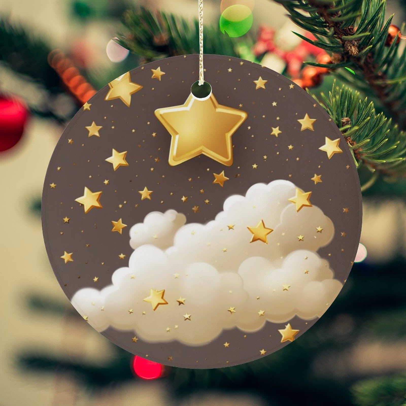 Cartoon Cloud Gold Stars Christmas Ornament for Christmas Tree Ceramic Round Ornament Winter Holiday Keepsake Gift 2.7" Christmas Tree Hanging Decorations Circle Ceramic Pendant Xmas Gift