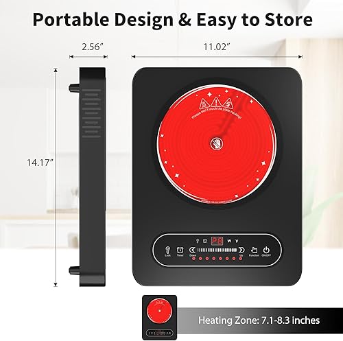 Miniatura 8 de Cocina eléctrica de un solo quemador, estufa eléctrica de 110 V 1800 W con control táctil LED, 10 niveles de potencia, temporizador, bloqueo de