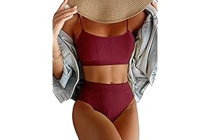 Women's Burgundy Ribbed High-Waisted Tummy Control Brazilian Bikini Swimsuit