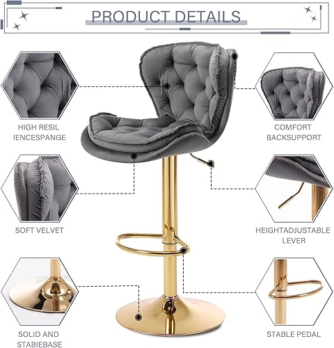 Miniatura 5 de Juego de 2 taburetes de bar giratorios de altura de mostrador con parte trasera tapizada de terciopelo, taburete ajustable y moderno de siglo