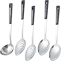 Vista 1 de Juego de 5 cucharas de servir de acero inoxidable, cucharas grandes para servir con cucharón y cuchara ranurada, cucharas de metal para cocinar