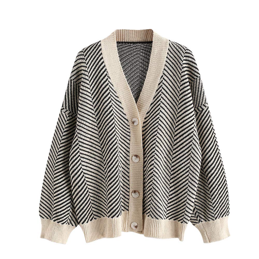 ZAFUL Gestreift Überdimensioniert Lose Gemütlich Cardigan Damen Elegant Button Up Langarm Schulter absetzen V-Ausschnitt Cardigan für Herbst Winter