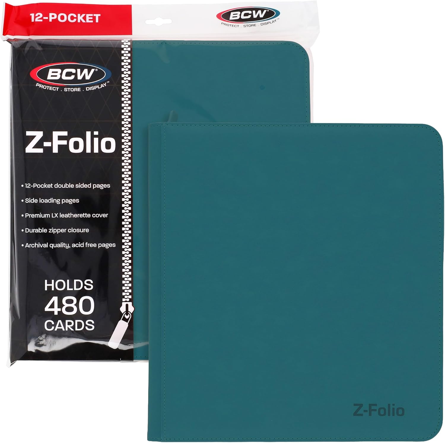 BCW Z-Folio LX Zipper Portfolio - Premium Teal Leatherette 12-Pocket Playset Album - Secure Zipper - 480 Card Capacity - Card Collector's Dream - Card Organizer - Trading Card Storage