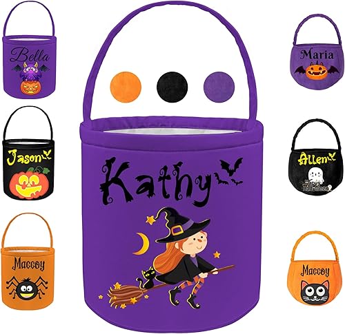 Cubo de Halloween personalizado con nombre, 12 patrones impresos, cestas de truco o trato para niños, cesta de fiesta de dulces personalizada para