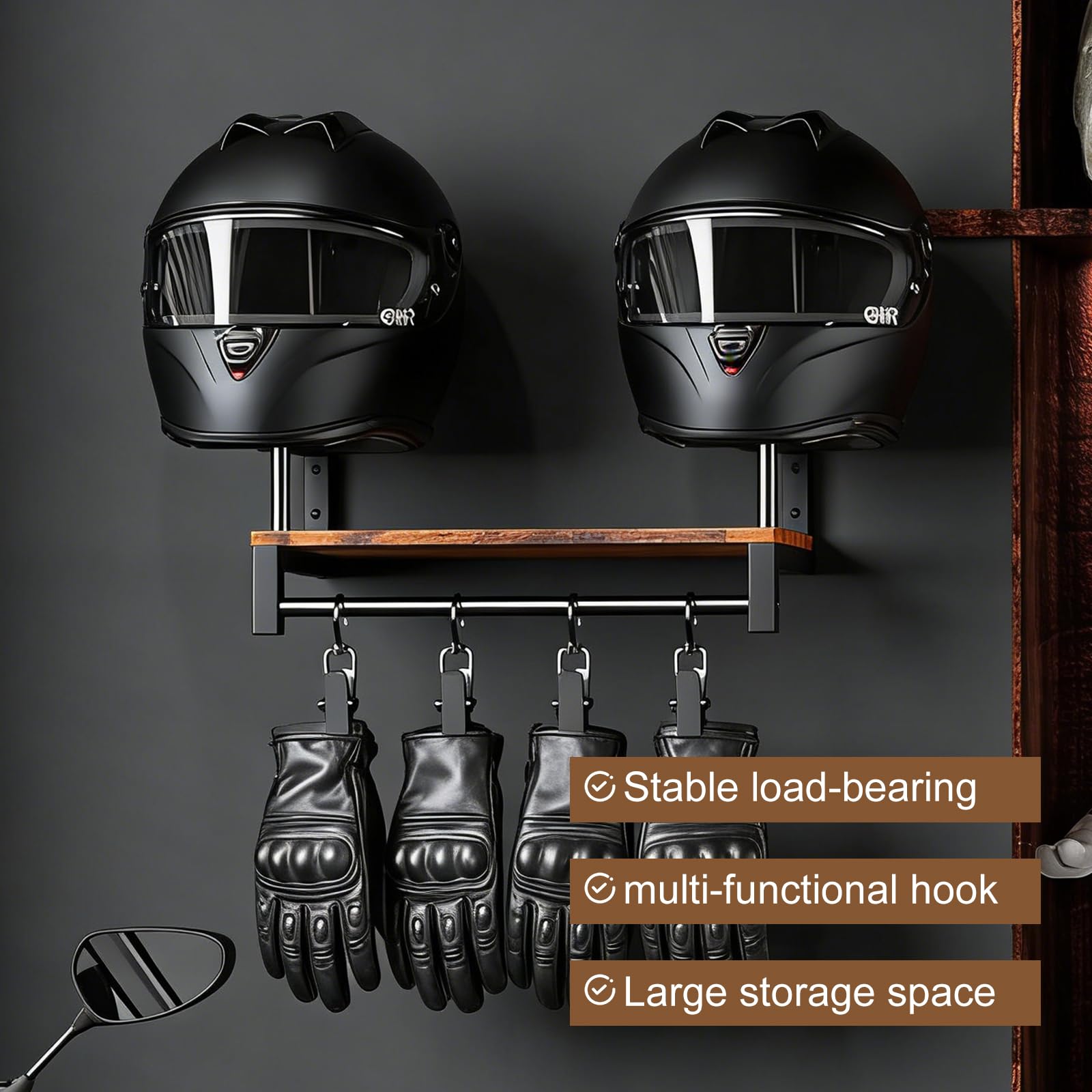 GOMETY Porte Casque Moto Mural avec Étagère en Bois, Support Rétro pour 2 Casques, Rangement Multifonction avec 4 Clips pour Gants, Veste et Accessoires Moto, Vélo et Football