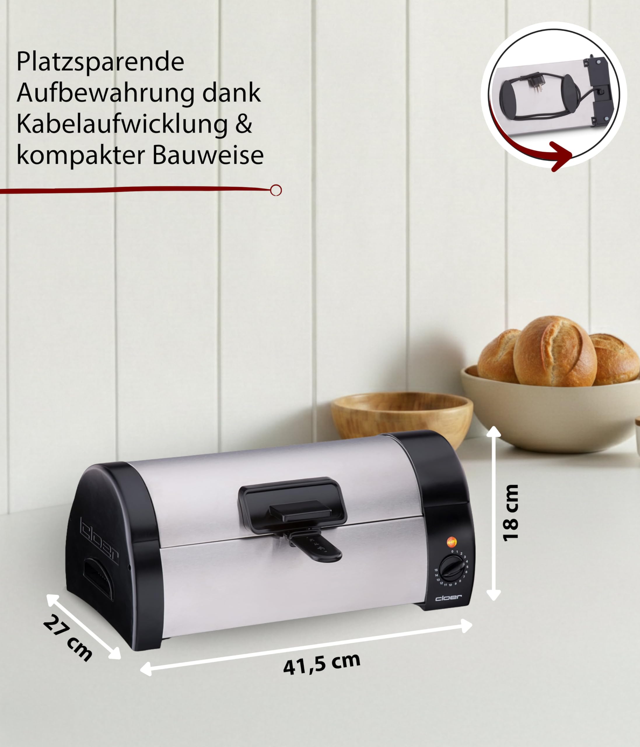 Cloer 3080 Brötchenbäcker zum Aufbacken von Brötchen, Kuchen oder Hefeteilchen 570 W, mattiertes Edelstahlgehäuse