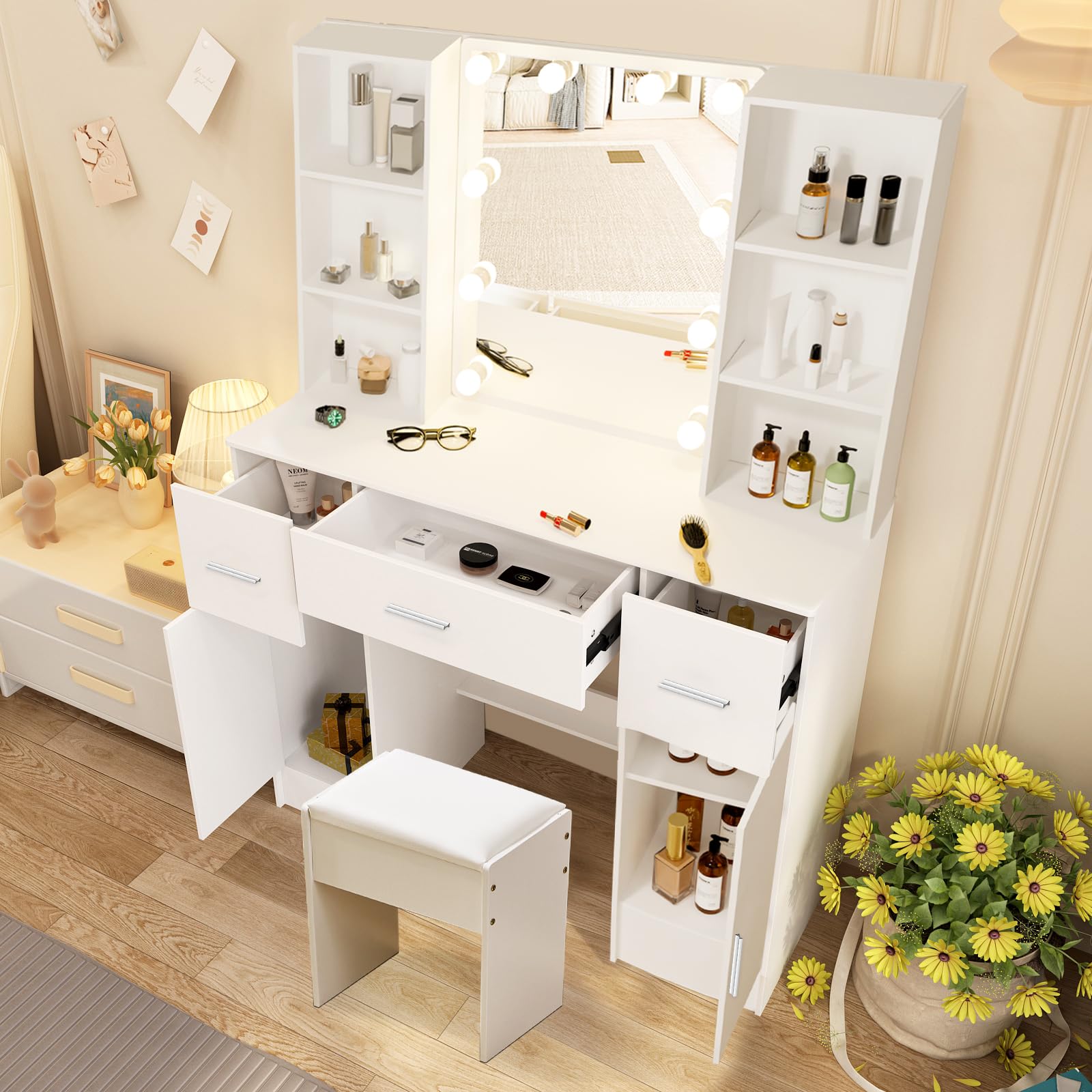 Toeletta Da Trucco Con Specchio LED E 7 Cassetti - Tavolo Makeup Regolabile Rosa Per Camera - Foto 7