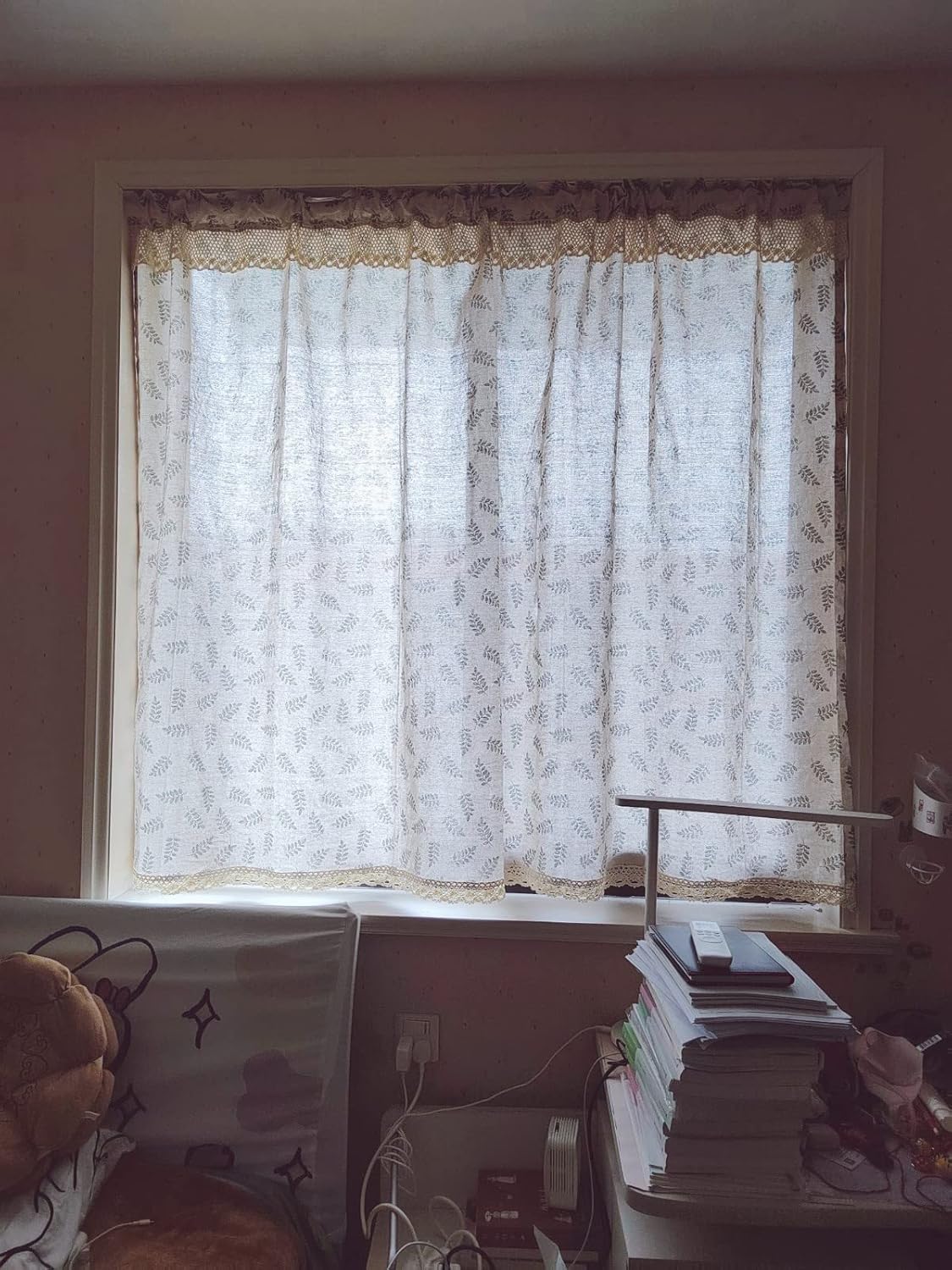 A.Monamour Beige Cotton Linen Green Leaf Retro Rustic Farmhouse Country Rod Pocket Opaque Short Curtain for Small Window Drapes Window Treatment Valance Shades for Kitchen Café Bathroom