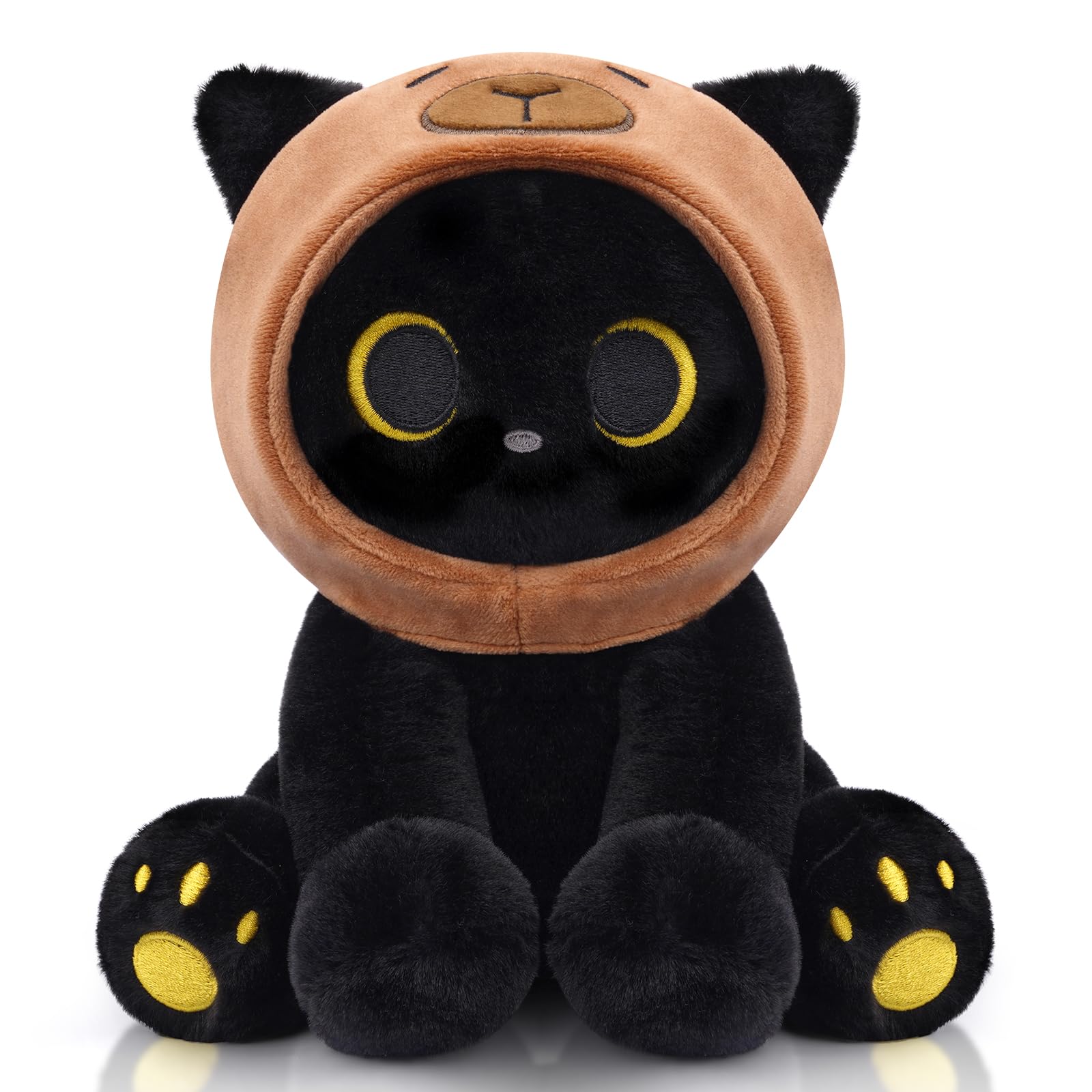 Hagusahuo Capybara Plush Stuffed Cat, 8inch Black Cat Plush Wear Capybara Hood, Cute Kitten Plushies Kawaii Huggable Gift for Kids, Boys, Girls,