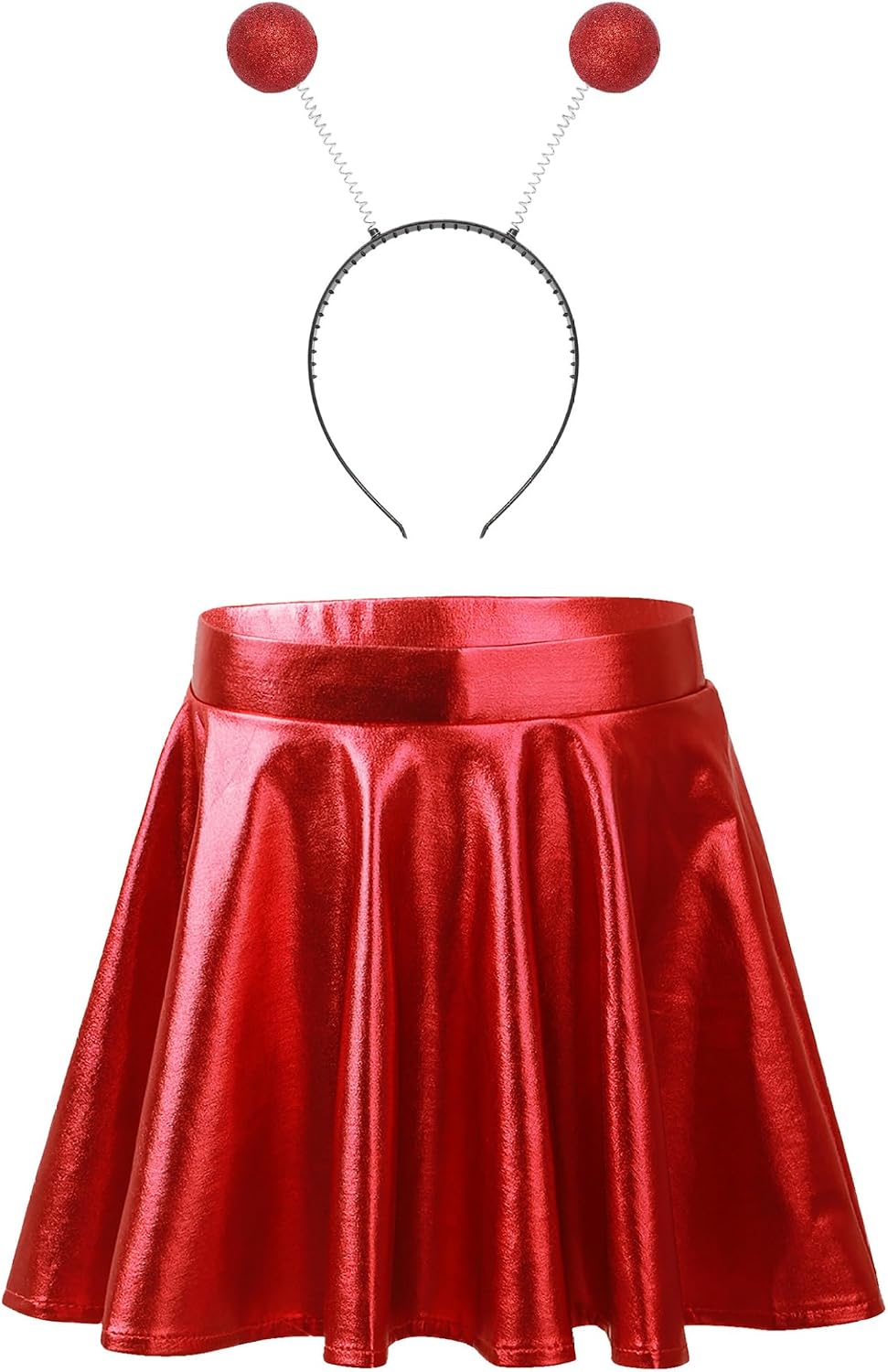 Girls Glossy Metallic Flared Pleated Mini Skirt Alien Cosplay Hair Hoop Outer Space Costume