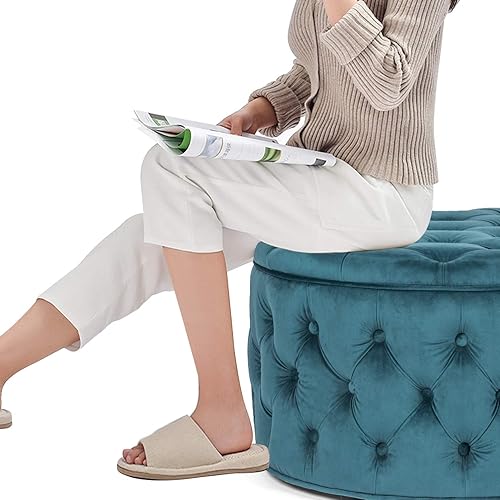 Miniatura 71 de Joveco Otomana redonda de almacenamiento, otomana tapizada con botones y parte superior extraíble, banco de almacenamiento, mesa auxiliar, Negro,