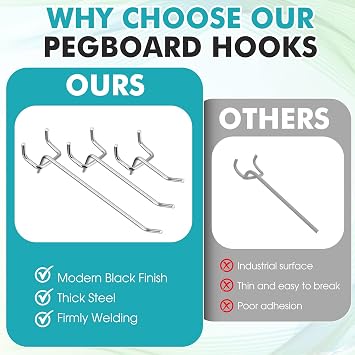 Hicarer 200 Pcs Stainless Steel Pegboard Hooks Multiple Sizes Fit 1/4 or 1/8 Pegboard Ideal for Garage Tool Organization, Wall Storage(2 Inch, 4 Inch, 6 Inch)