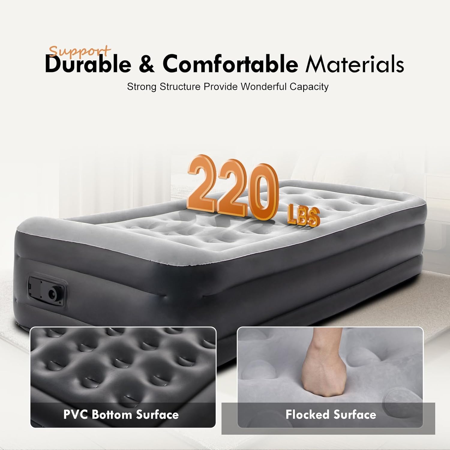 DIMAR GARDEN Twin Size Air Mattress with Built in Pump, 18.5” Inflatable Flocked AirBed for Home, Blow Up Mattress