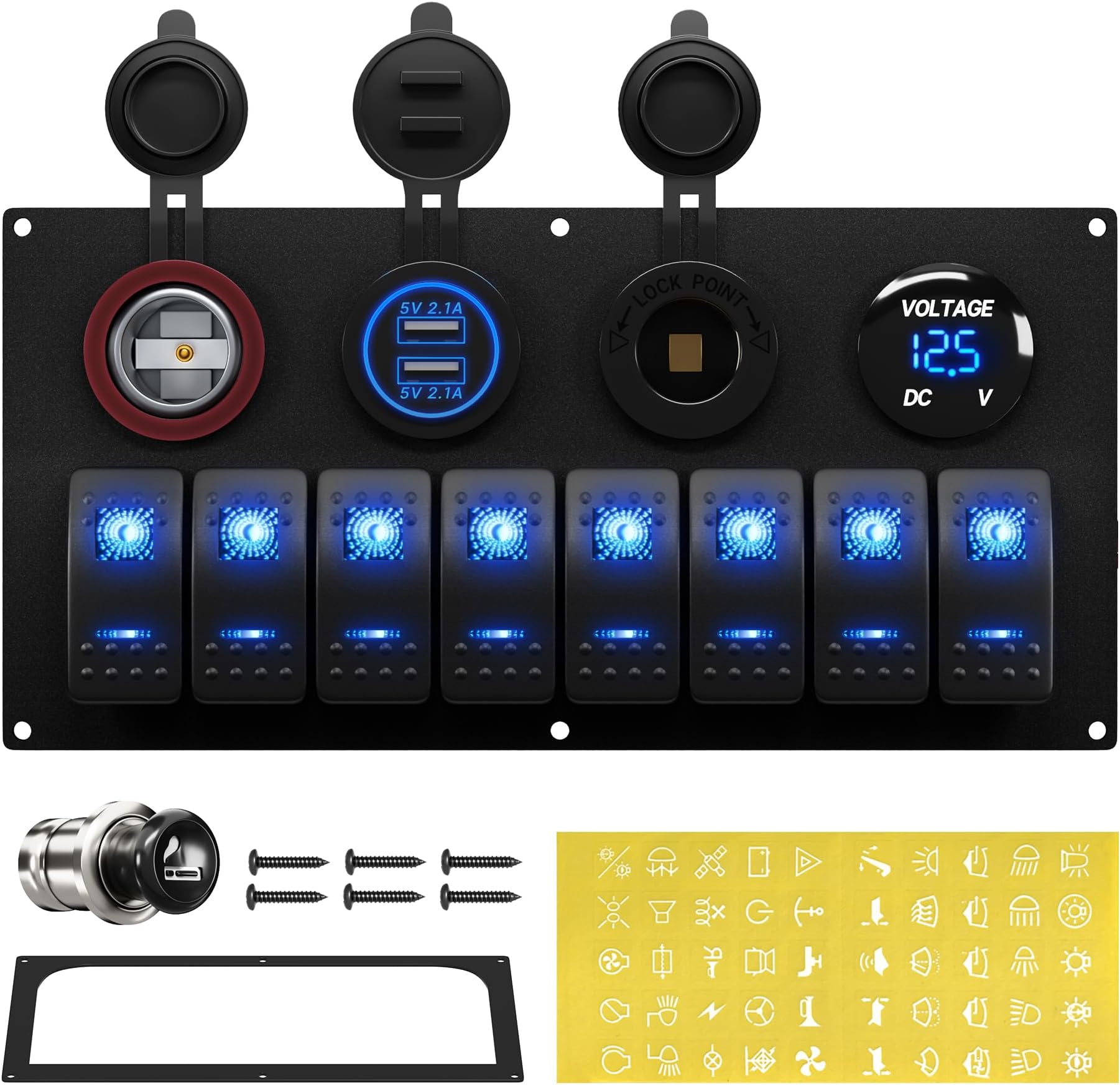 RVBOATPAT Marine Boat Switch Panel Waterproof 8 Gang 12V Rocker Switch Panel 12 Volt Toggle Switch Panel Blue LED Lighted for Automotive Car Truck