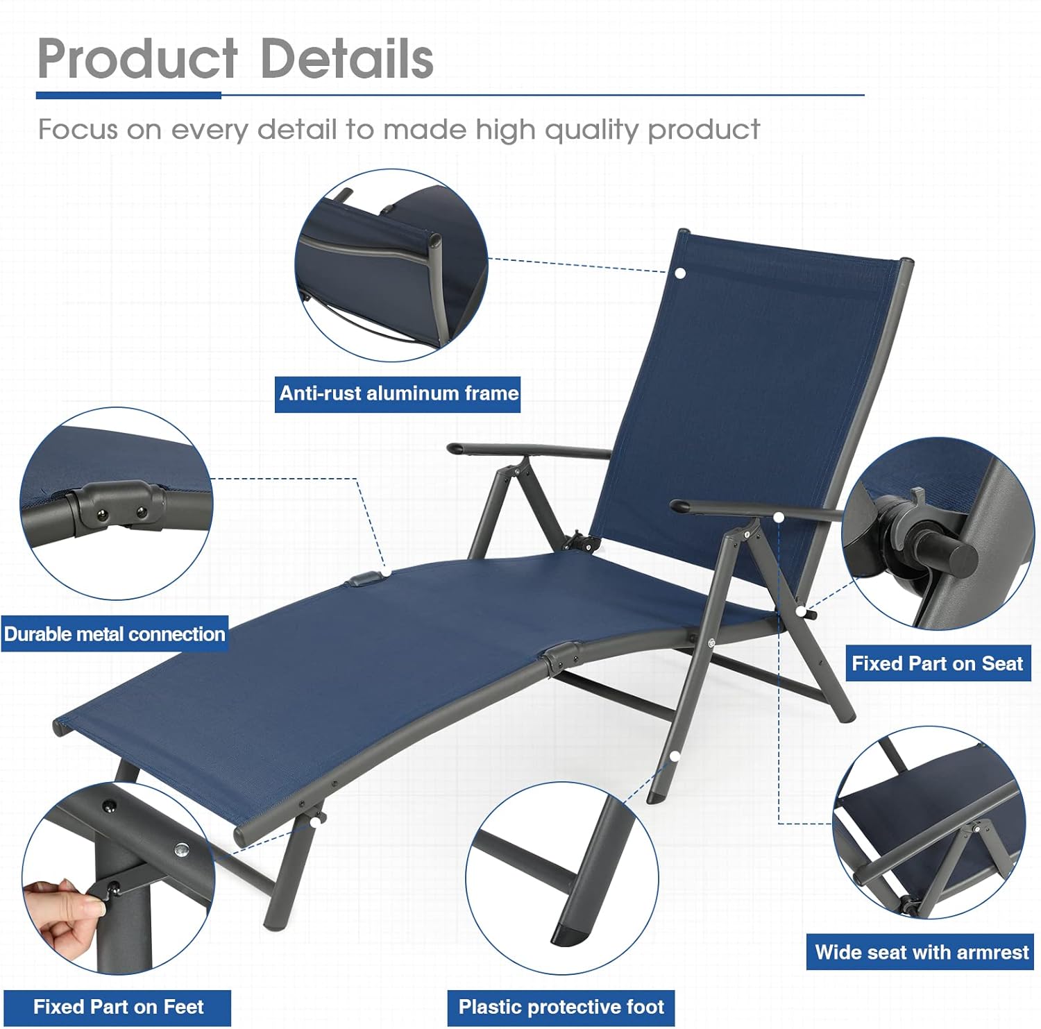 NATURAL EXPRESSIONS Chaise Lounge Outdoor, Pool Lounger Chairs Portable Folding Aluminum Patio Recliner Chair with 7 Position Adjustable Backrest for Beach, Backyard, Poolside,Lawn Supports 300 lbs : Patio, Lawn & Garden