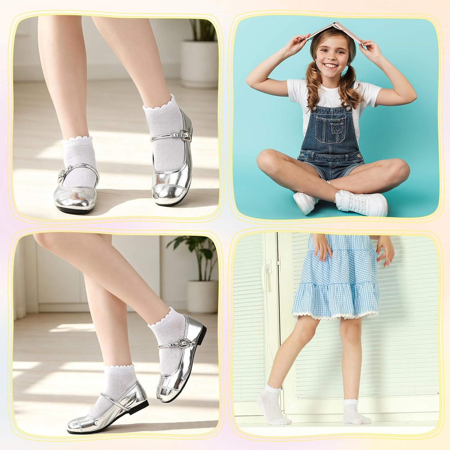 10 Pair Ruffle Socks for Girls, White Cotton Cute Kid Frilly Dress Sock for School Uniform, Gift for Back-to-School
