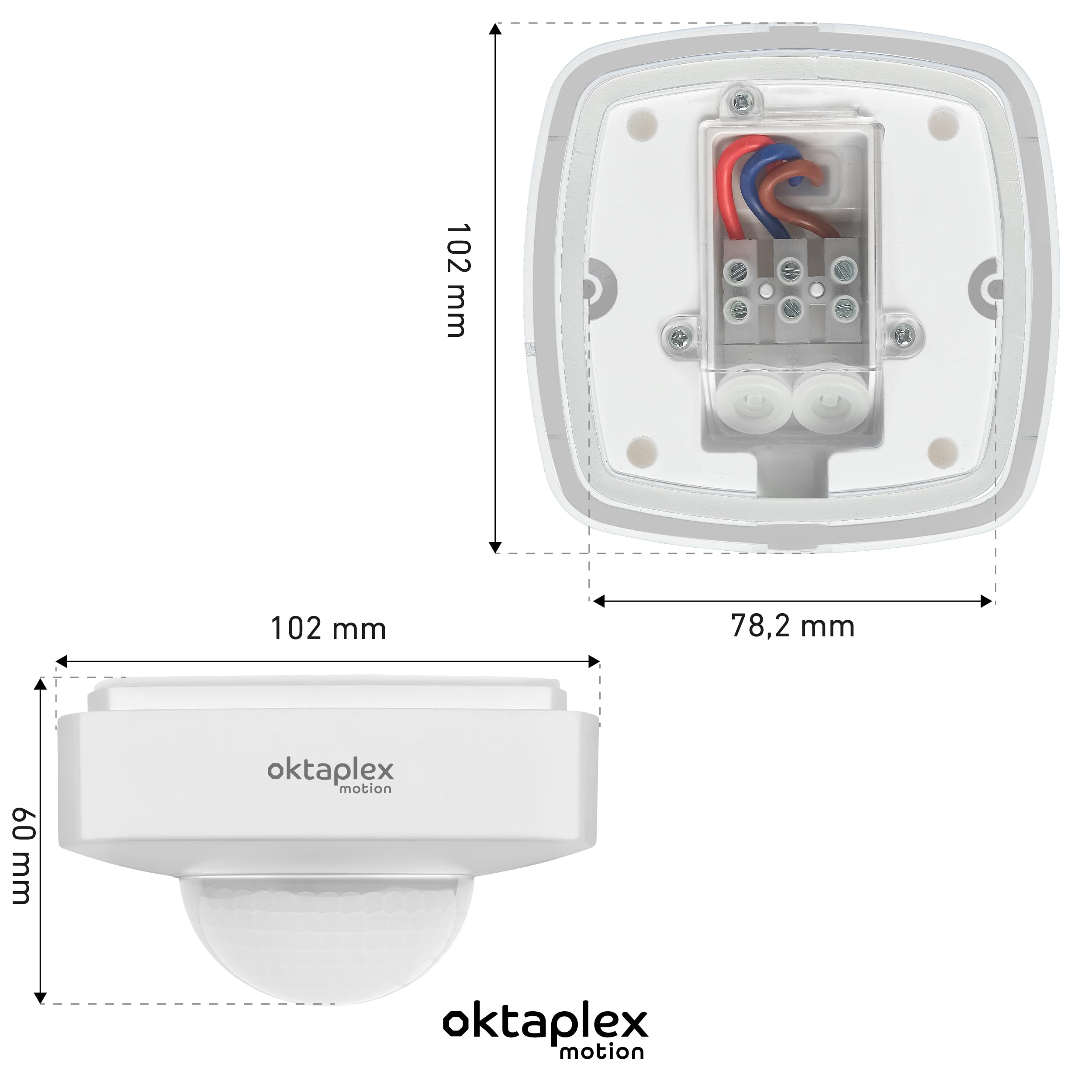 Oktaplex Tim - Rilevatore di presenza a infrarossi PIR a 360°, IP65, 230 V, da parete, bianco | Sensore a 360°, diametro di 20 m, rilevamento di 6 m, per interni ed esterni, 3-2000 lux, funzionamento in parallelo, 2