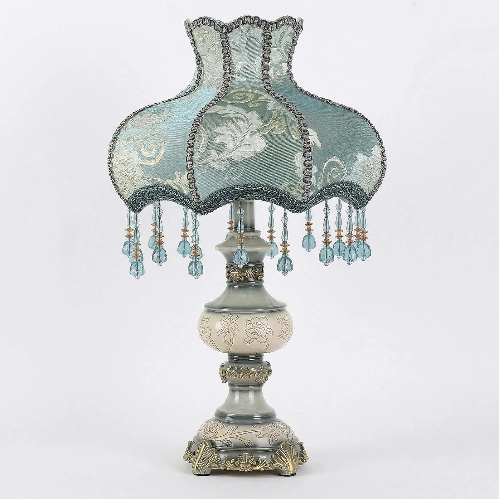 Victorian Style Desk Lamp, Antique Fabric Table Lamp for Living Room, Bedroom Nightstand, Romantic Coquette Home Decor, Floral Embroidery with Beaded Fringe & Hand-Painted Resin Base, 22" H(D)