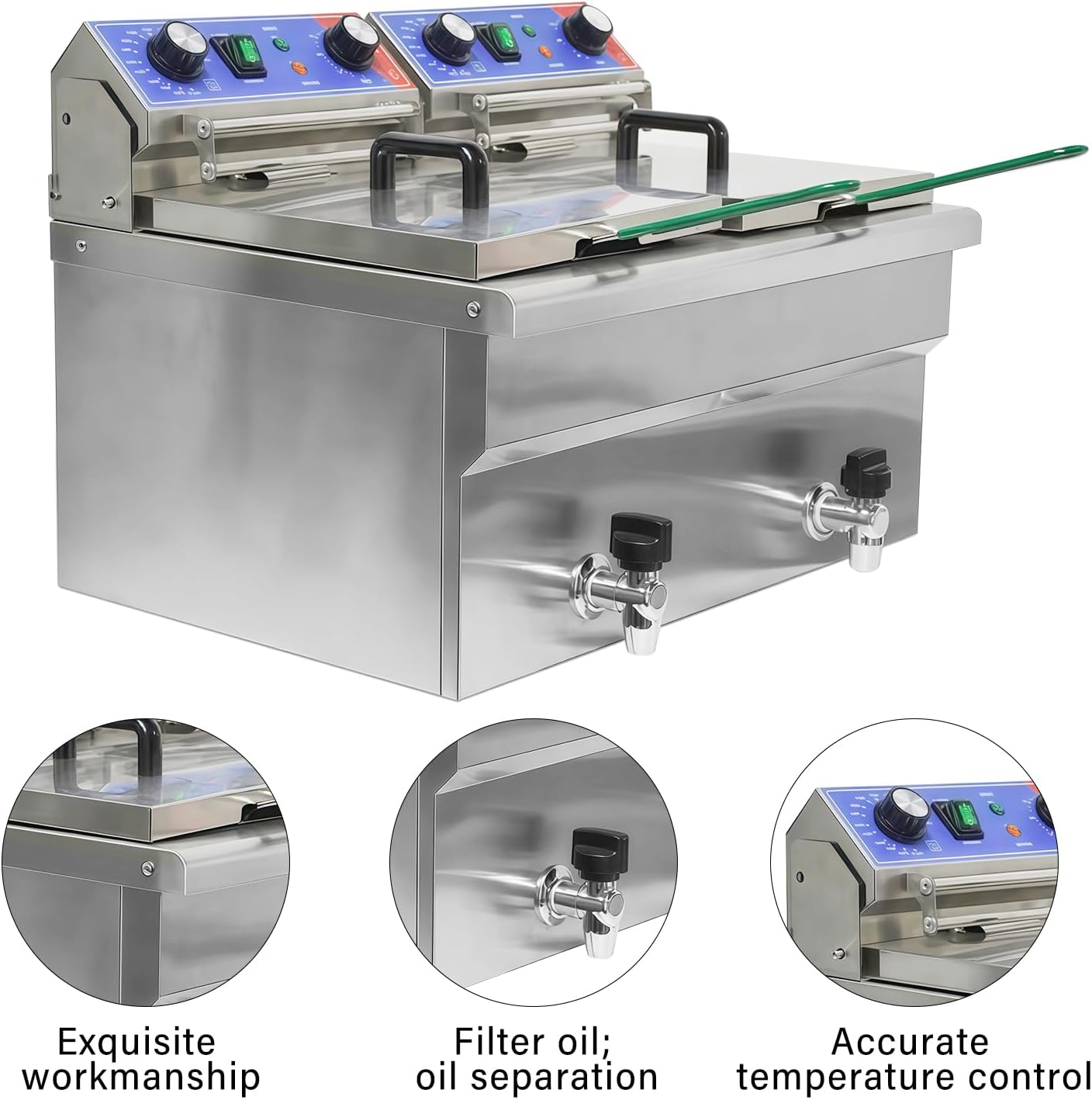 8L*2 Dual Tank Commercial Deep Fryer or Restaurant Use,Electric Stainless Steel Draining Valve with Timer,Solid Basket.