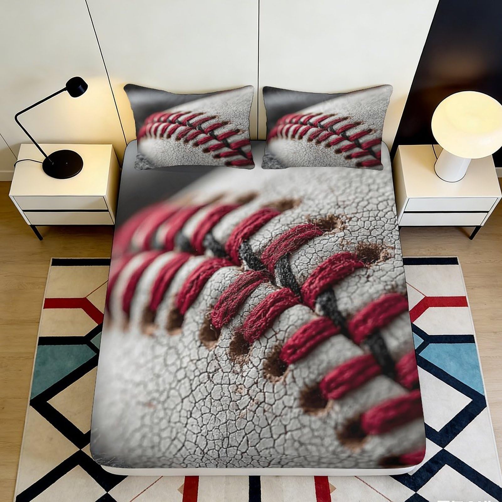 3D Printed Baseball Fitted Sheet Microfiber Deep Pocket Bedroom Bedding Baseball Mattress Fitted Cover for Adults Teens 200x200x25cm 90x200x25cm