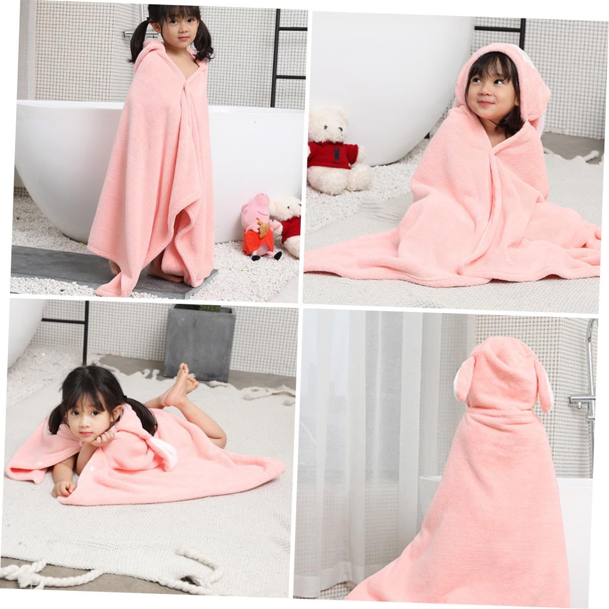 Gadpiparty Toalla de Baño Capucha para Niños en Coral Polar Rosa, Absorbente Secado Rápido Diseño de Conejo para Piscina y Parque Acuático