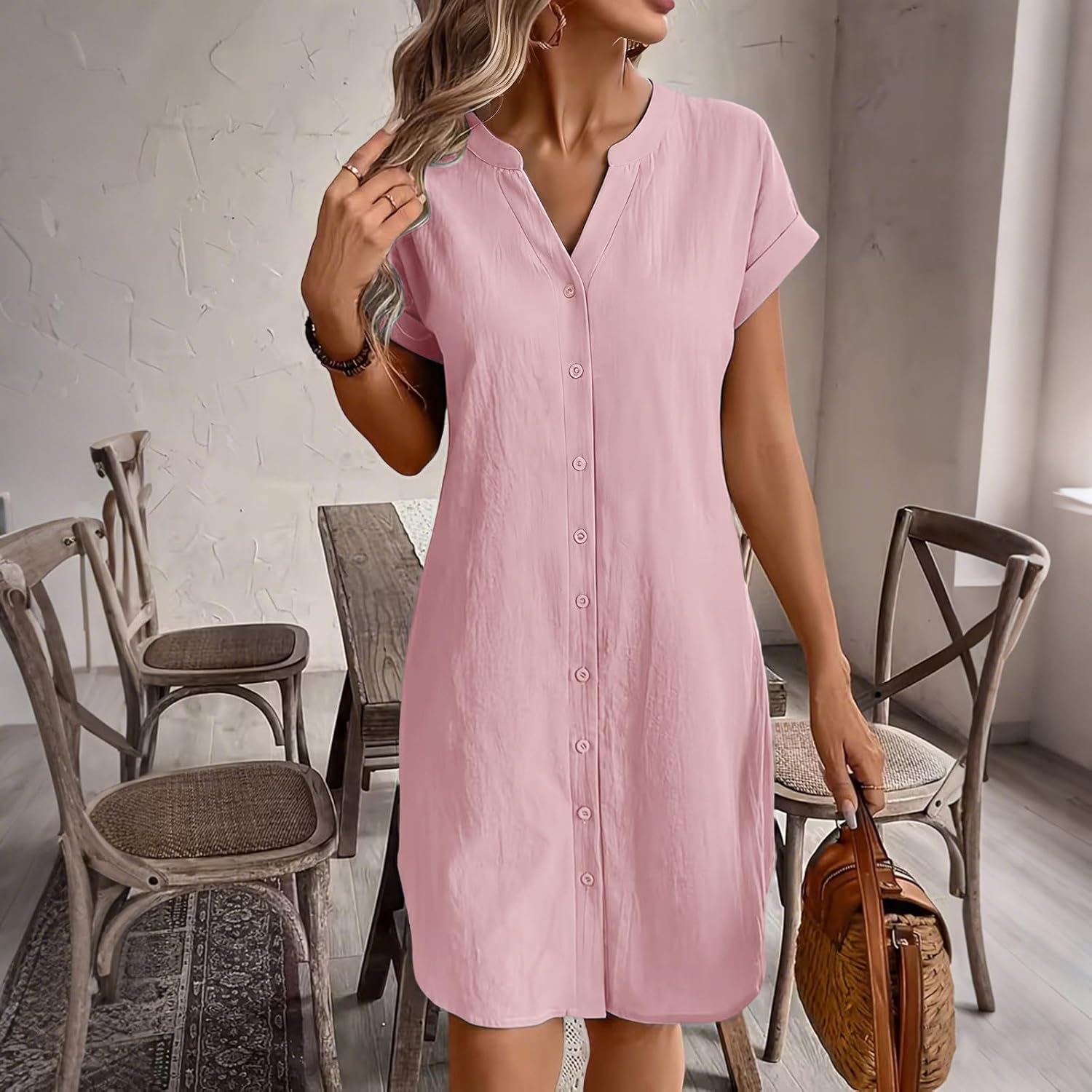 Womens V Neck Button Down Shirt Dress Short Sleeve Loose Cotton Linen Dress Curved Hem Summer Beach Tunic Dresses