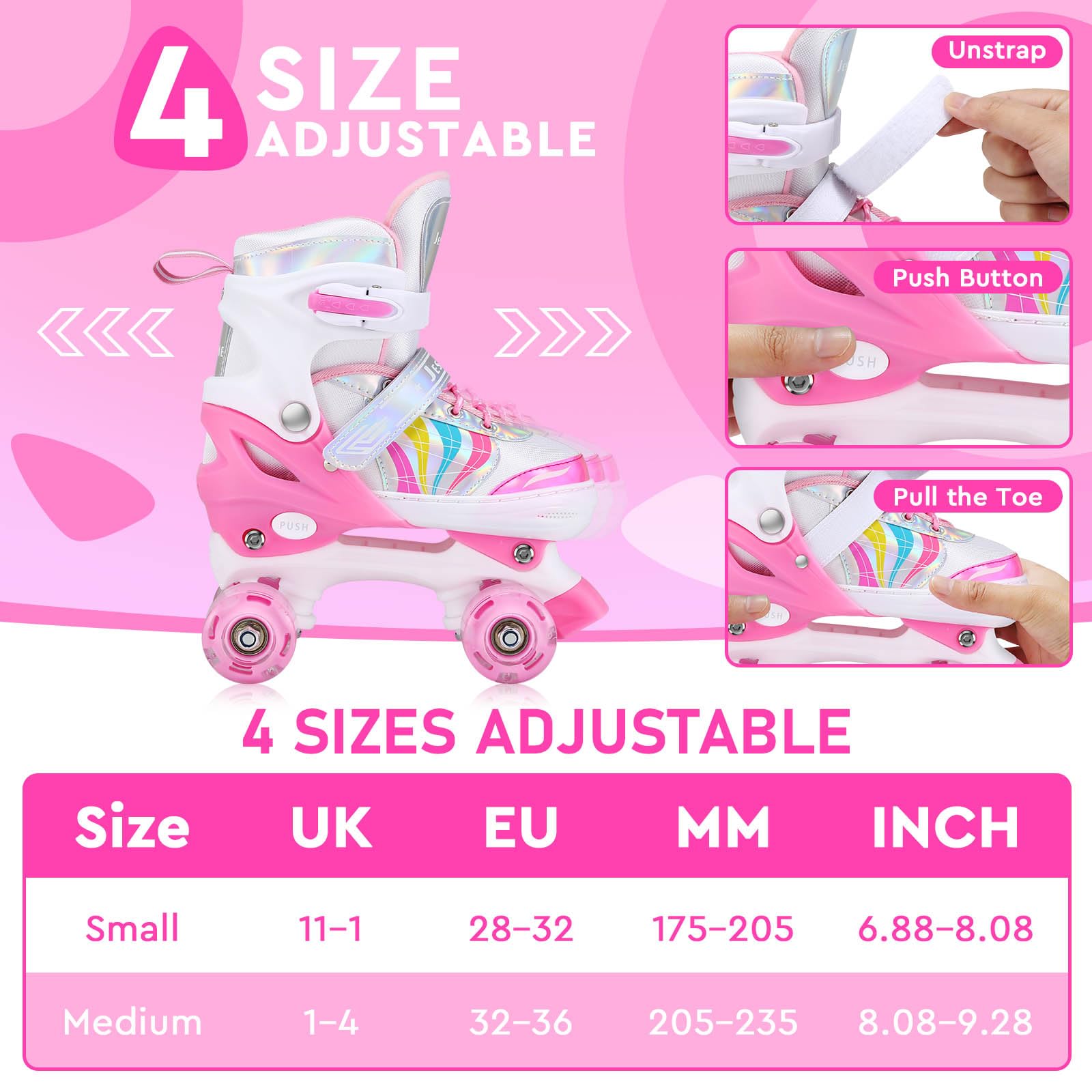 Roller Enfant Fille Patin a Roulette Fille Rollers Quad avec 8 Roues Lumineuses Taille Réglable pour Enfants